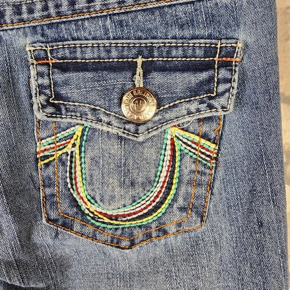 True Religion Joey Rainbow Stitch Low Rise Distressed Bootcut Jeans Blue Size 29 - Picture 13 of 15